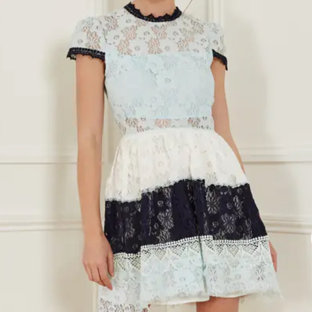 Foxiedox blue & white lace fit & flare dress with open back